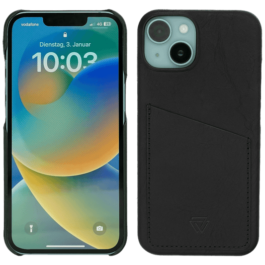 Wachikopa Maska za iPhone 14 Pro, držač za kartice, koža, crna - Full Leather Case iPhone 14 Pro BK