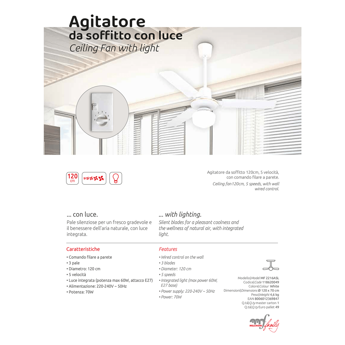 MELCHIONI family Ventilator stropni sa rasvjetom, 70W - MF 2216ASL