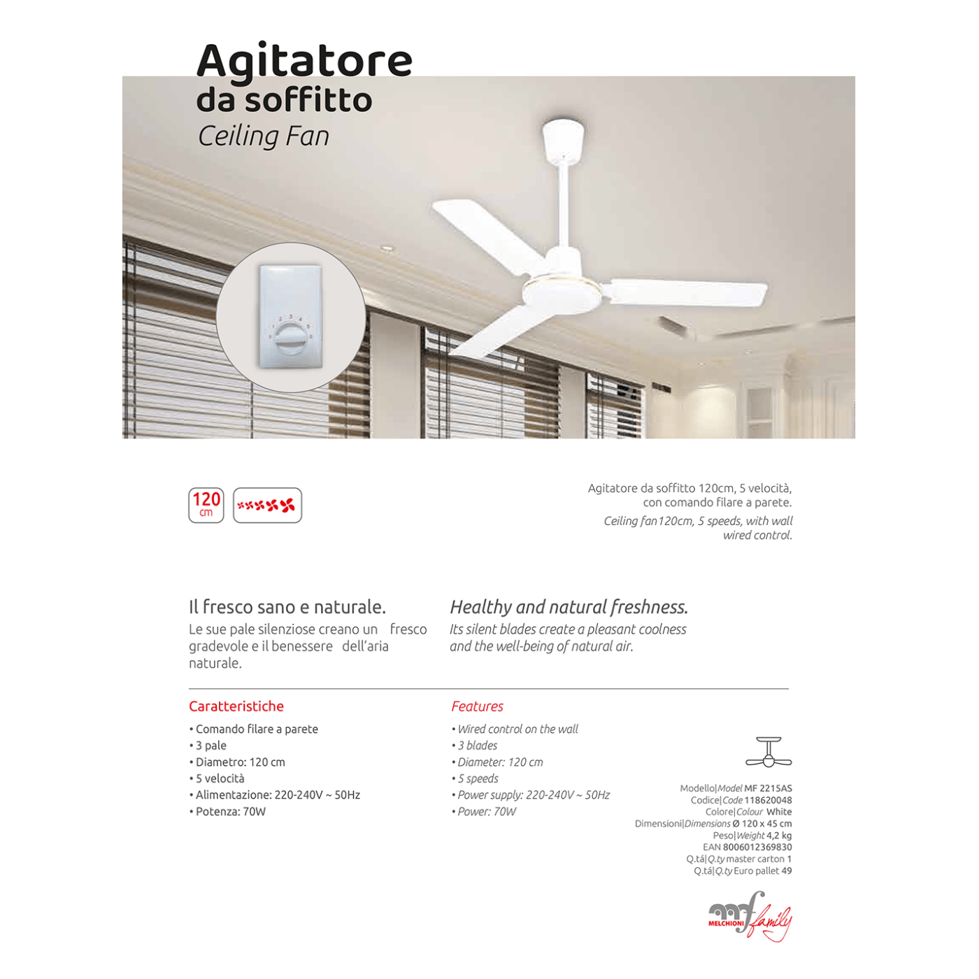 MELCHIONI family Ventilator stropni ,70W - MF 2215AS