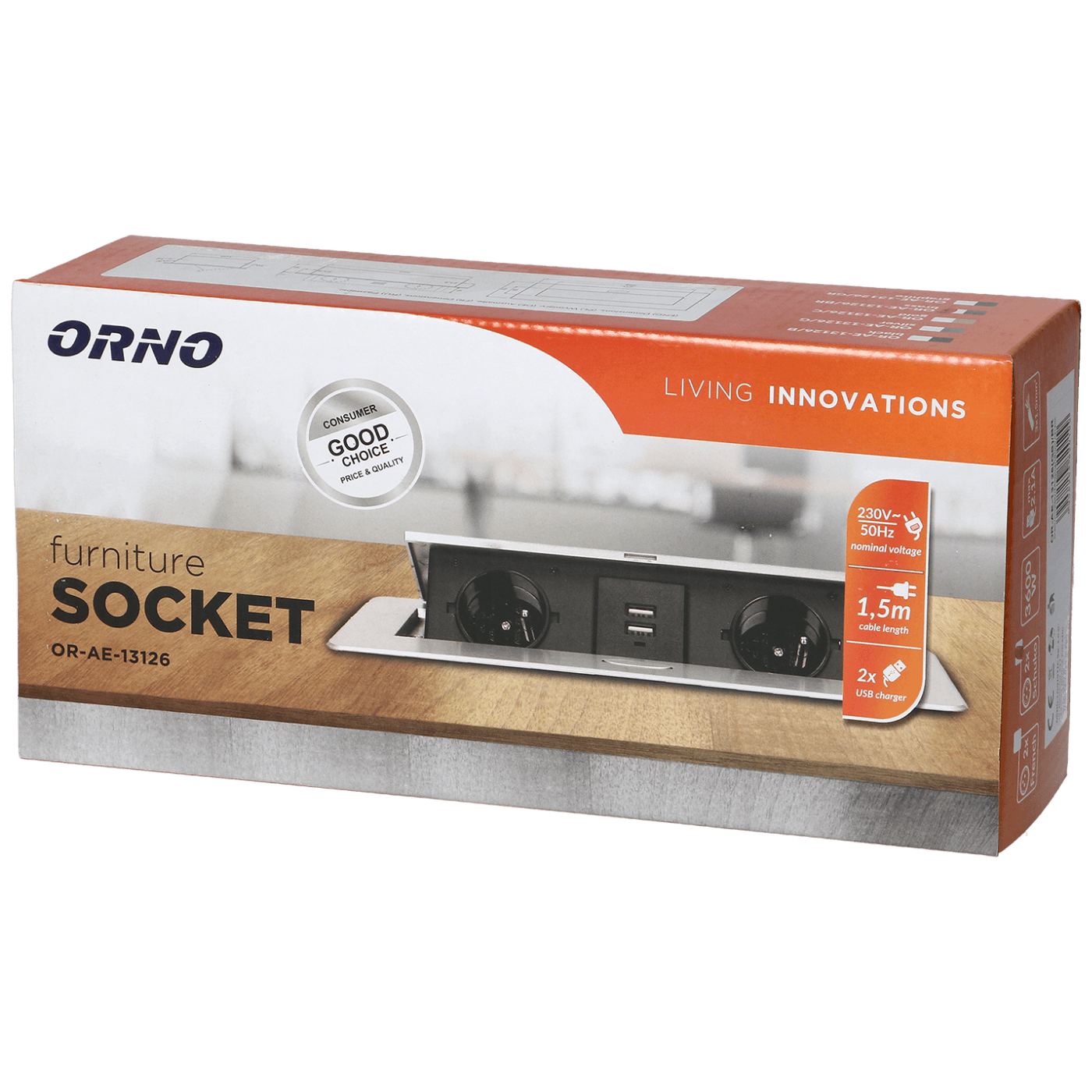 Orno Produžni kabel sa 2 x Schuko utičnice + 2 x USB, ugradbena - OR-AE-13126(GS)/BR