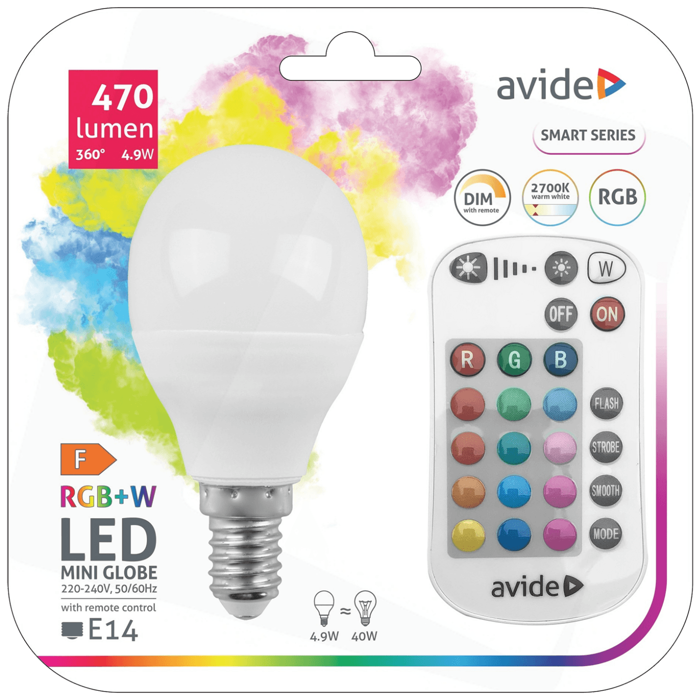 Avide Pametna sijalica, LED 4.9W, E14, RGB+W, 2700K, daljinski - Smart LED Mini Globe 4.9W