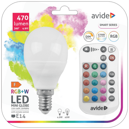 Avide Pametna sijalica, LED 4.9W, E14, RGB+W, 2700K, daljinski - Smart LED Mini Globe 4.9W