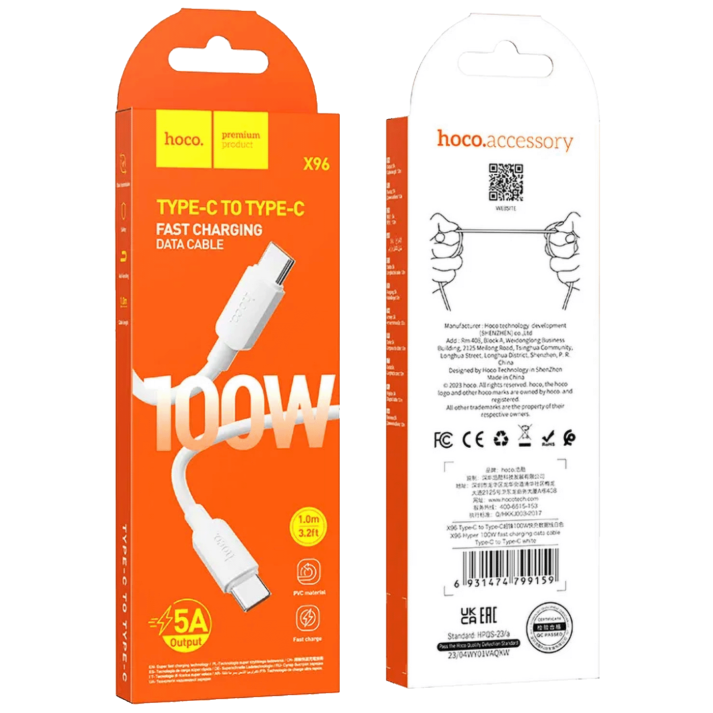 hoco. USB kabl za smartphone, type C, 100W, bijela - X96 Hyper, 100W, White