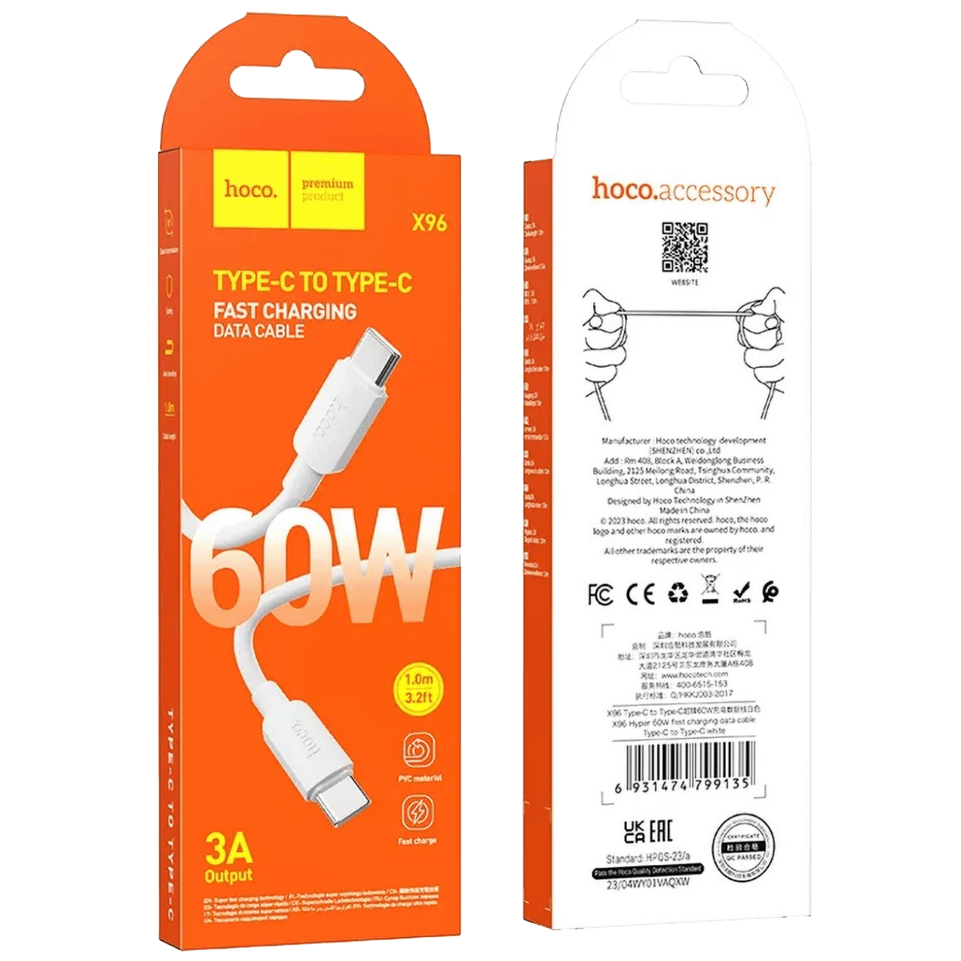 hoco. USB kabl za smartphone, type C, 60W, bijela - X96 Hyper, 60W, White