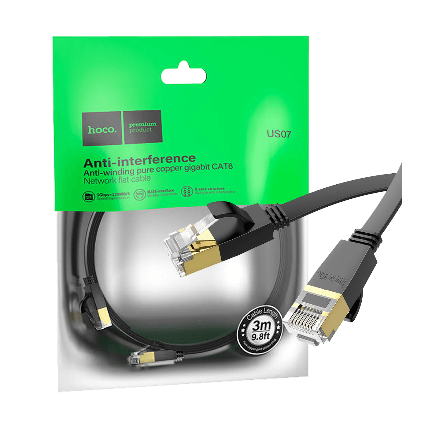 hoco. Mrežni kabl, CAT6, Gigabit Ethernet, flat, 3 met., crna - US07 General, 3 met.