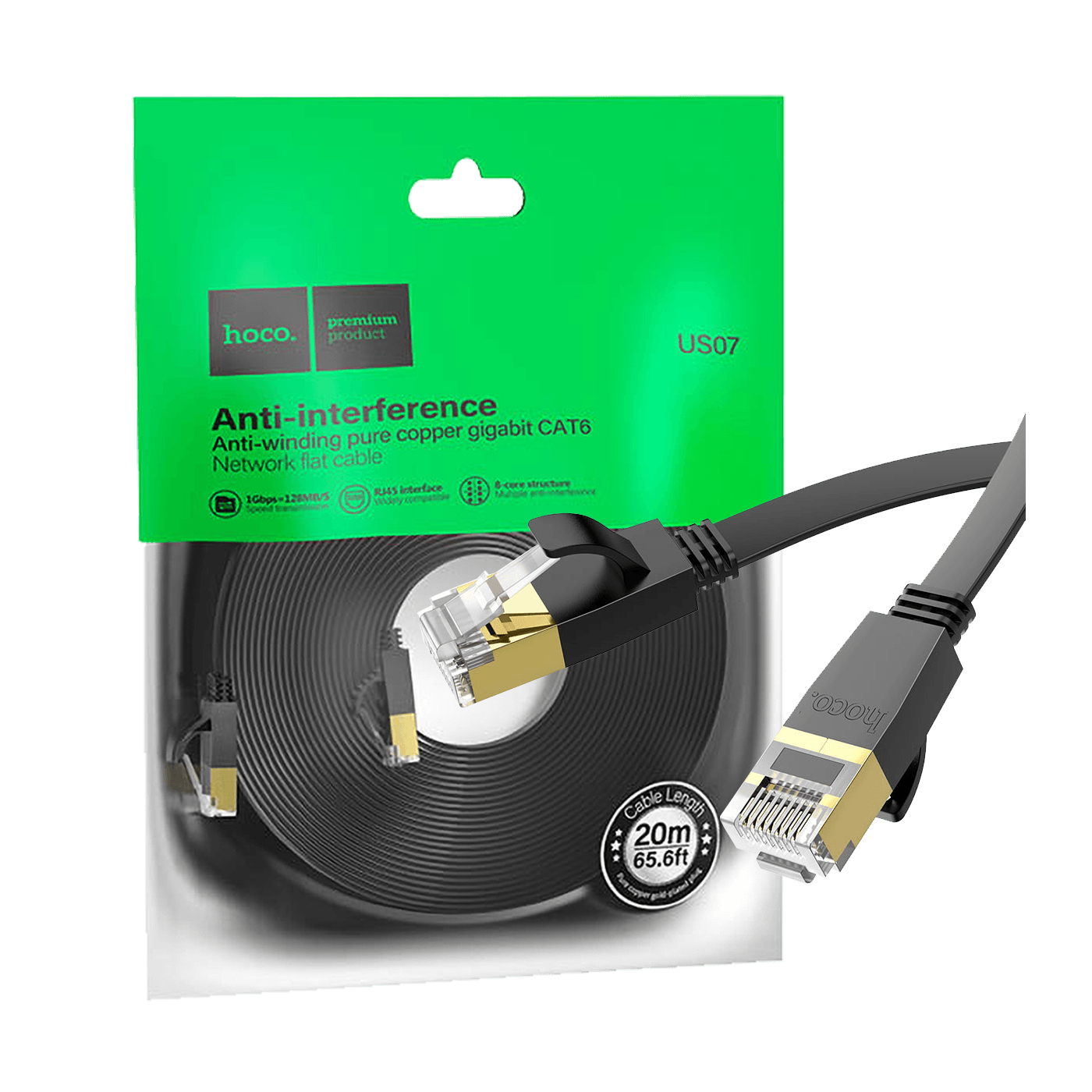 hoco. Mrežni kabl, CAT6, Gigabit Ethernet, flat, 20 met., crna - US07 General, 20 met.