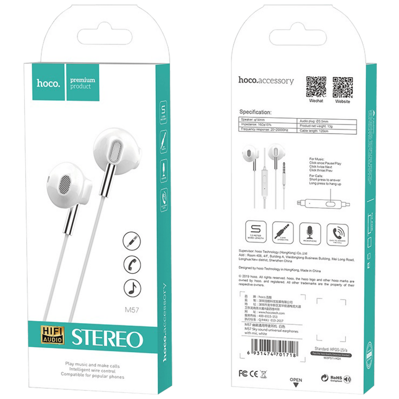hoco. Slušalice sa mikrofonom, 3.5 mm,dužina kabela 1.2 met,bijela - M57 Sky sound, White