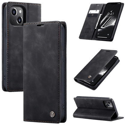 CaseMe Futrola preklopna za iPhone 15, koža, crna - Flip Leather Phone Case iPhone 15