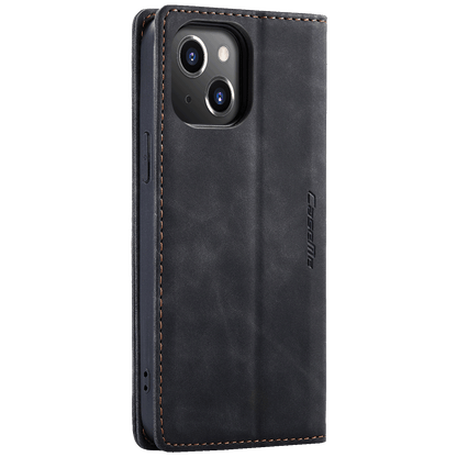 CaseMe Futrola preklopna za iPhone 14, koža, crna - Flip Leather Phone Case iPhone 14