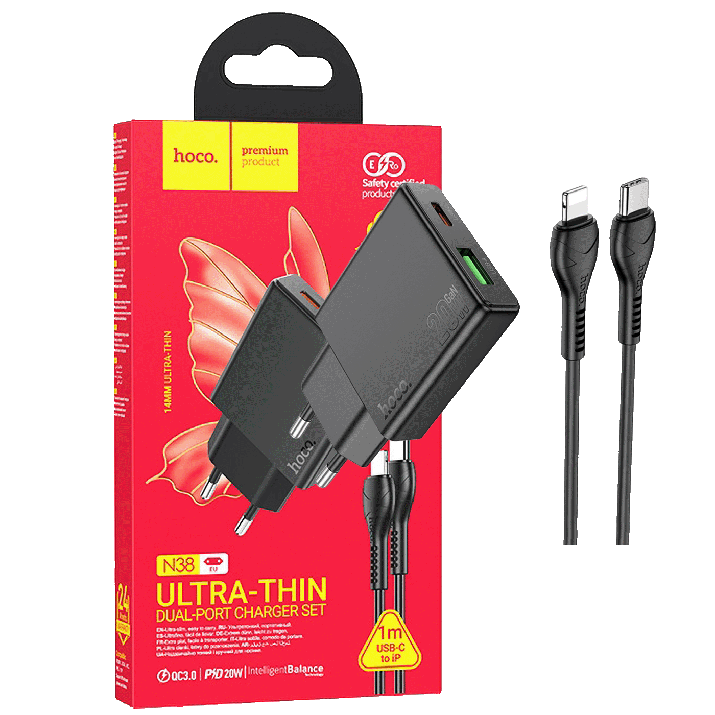 hoco. Punjač kućni sa Lightning kabelom, brzi, PD20W, QC3.0 - N38 Delgado type C to Lightning