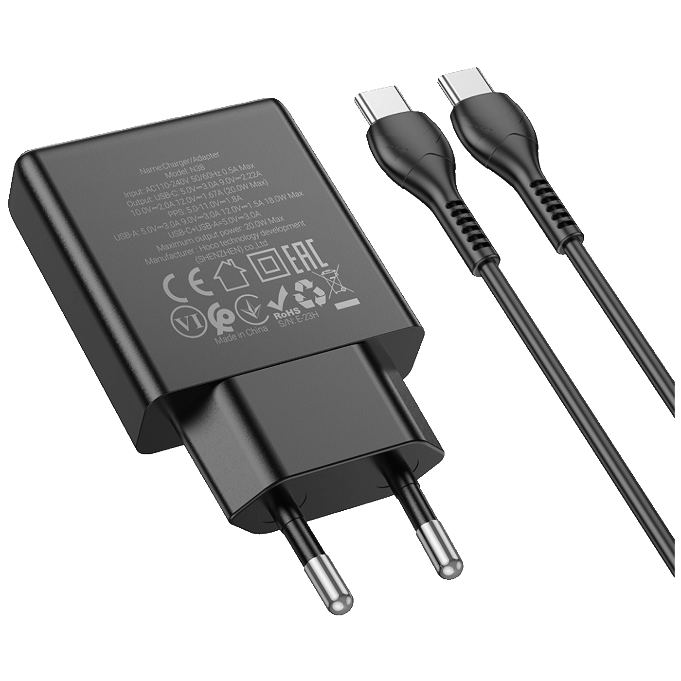 hoco. Punjač kućni sa type C kabelom, brzi, PD20W, QC3.0 - N38 Delgado type C