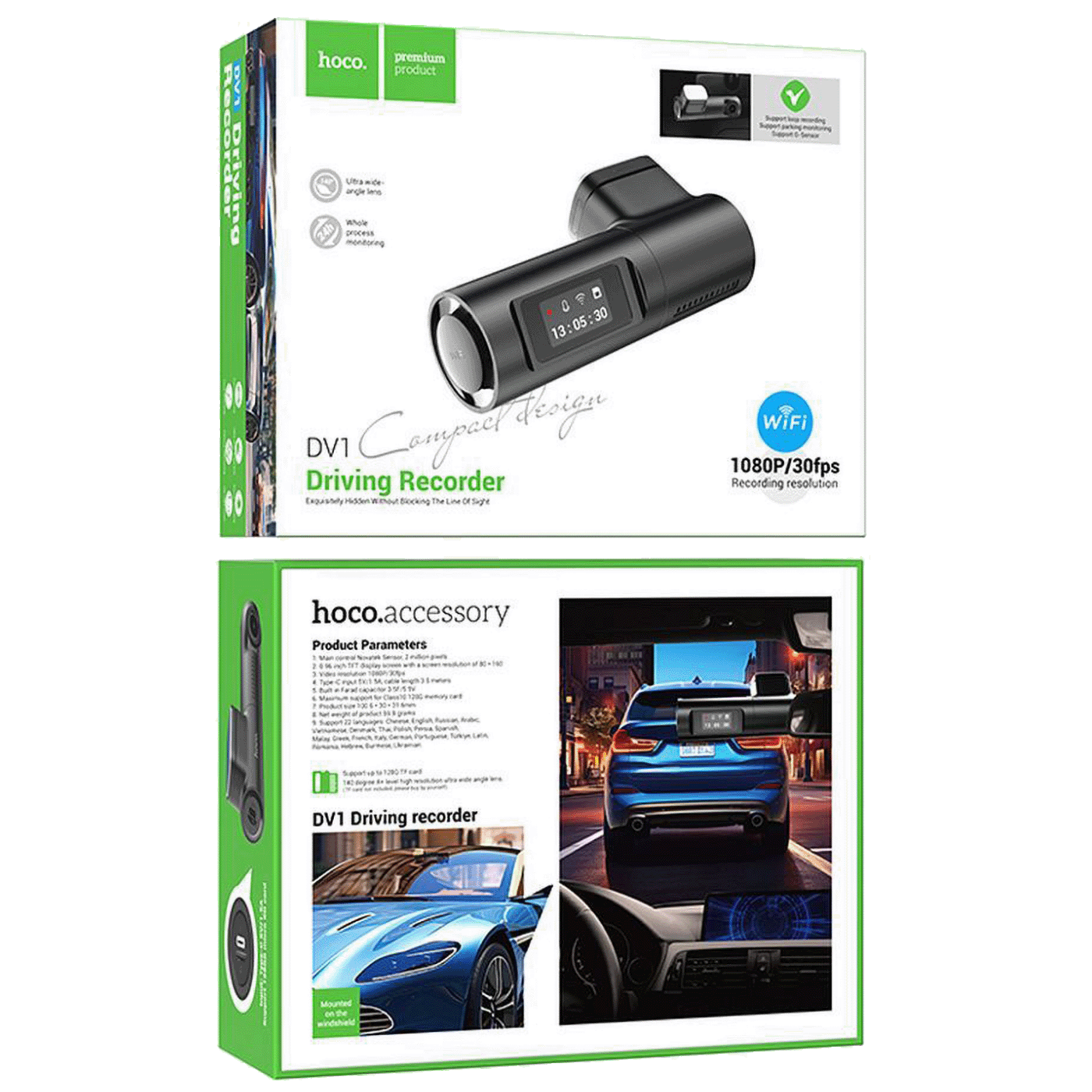 hoco. Auto kamera, 2 Mpxiel, 0.96" TFT, FullHD, microSD, WiFi - DV1