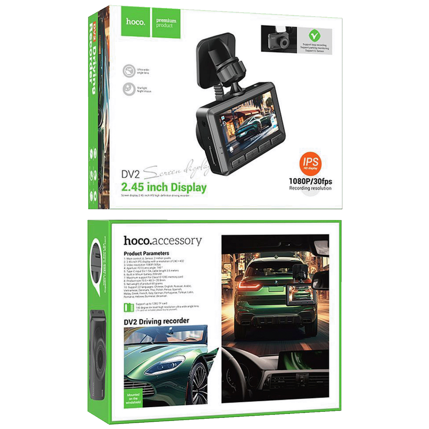 hoco. Auto kamera, 2 Mpxiel, 2.45 IPS", FullHD, microSD - DV2