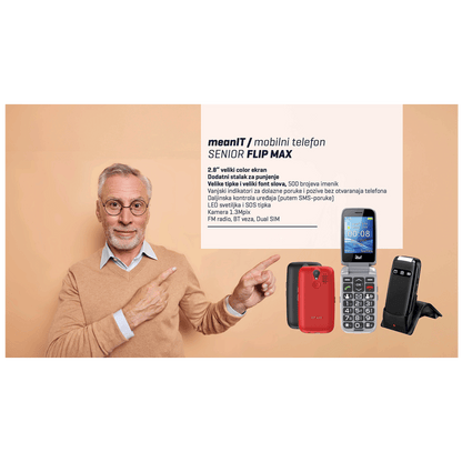 MeanIT Telefon mobilni, 2.8" ekran, Dual SIM, SOS tipka - SENIOR FLIP MAX Black