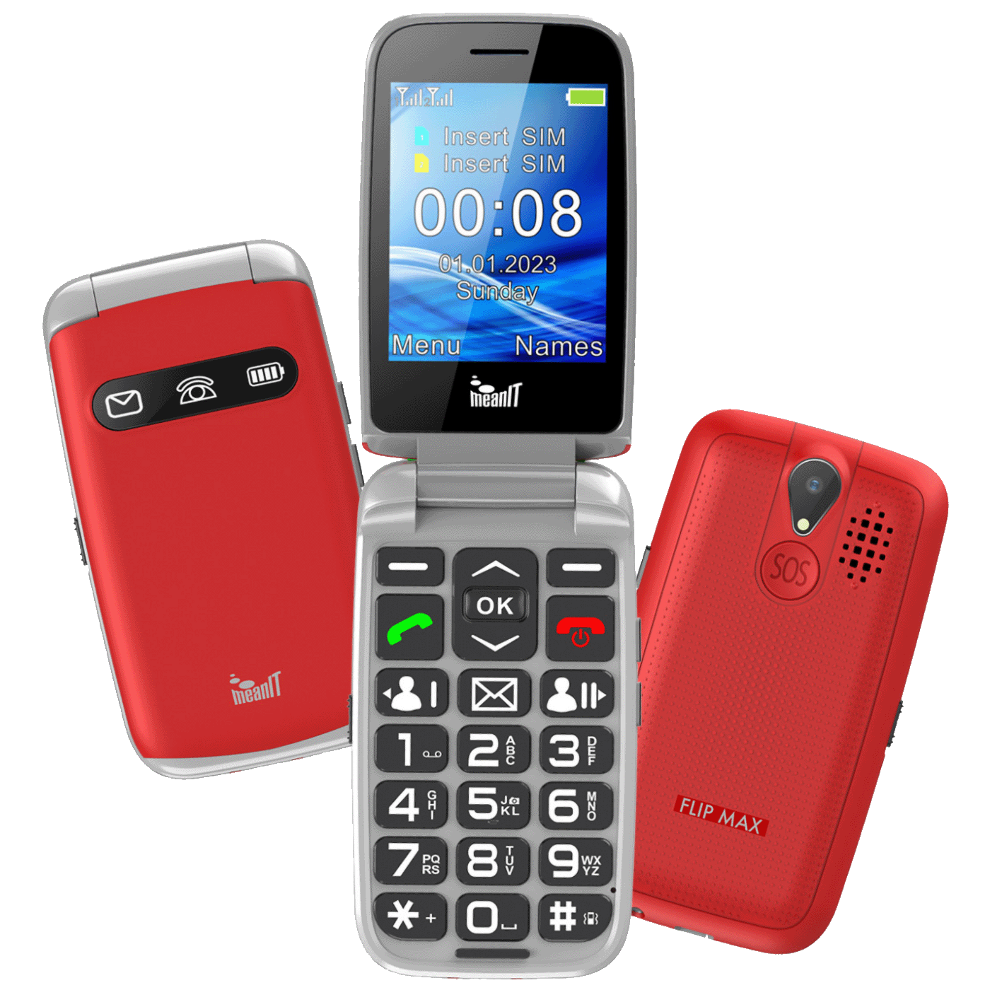 MeanIT Telefon mobilni, 2.8" ekran, Dual SIM, SOS tipka - SENIOR FLIP MAX Red