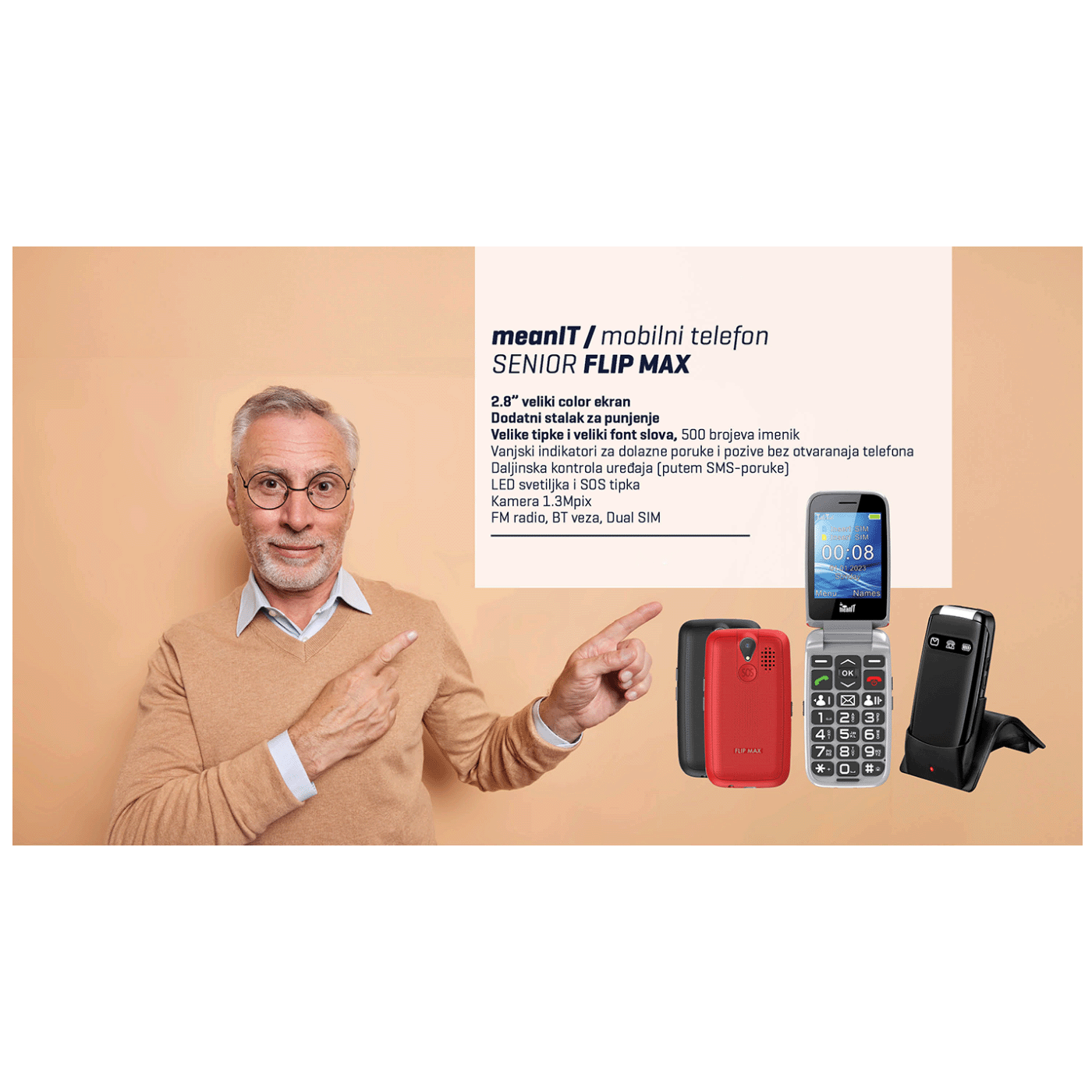 MeanIT Telefon mobilni, 2.8" ekran, Dual SIM, SOS tipka - SENIOR FLIP MAX Red