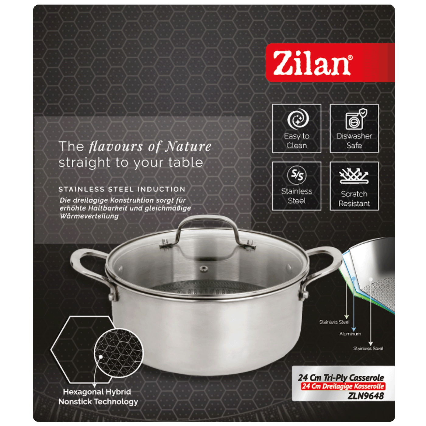 Zilan Kaserola sa staklenim poklopcem, 24 cm, troslojno posuđe - ZLN9648