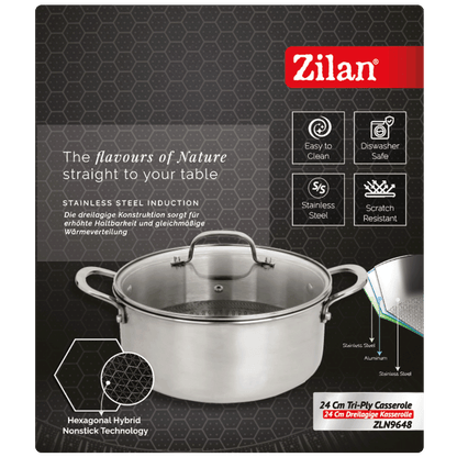 Zilan Kaserola sa staklenim poklopcem, 24 cm, troslojno posuđe - ZLN9648