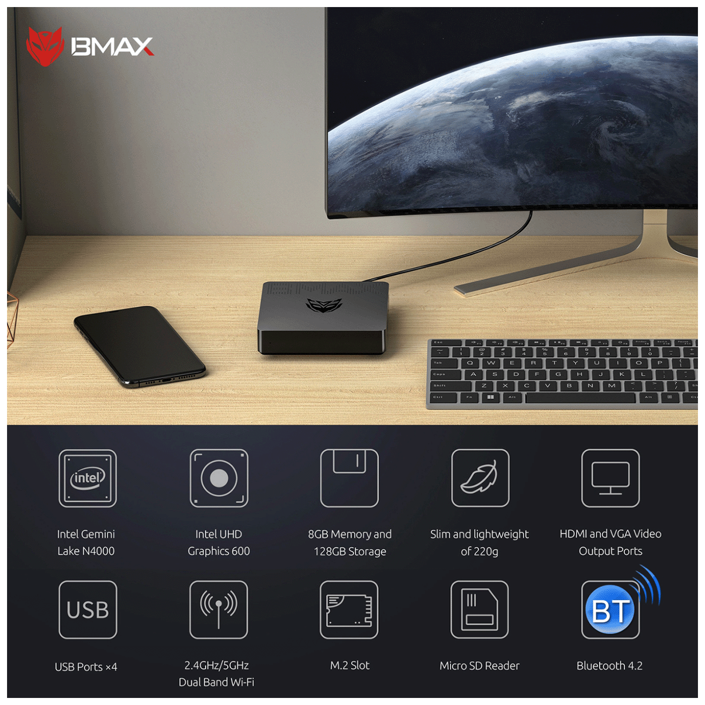 BMAX Mini računar, Intel Celeron N4000, 8GB DDR3, EMMC 128GB - B1 Pro Mini PC