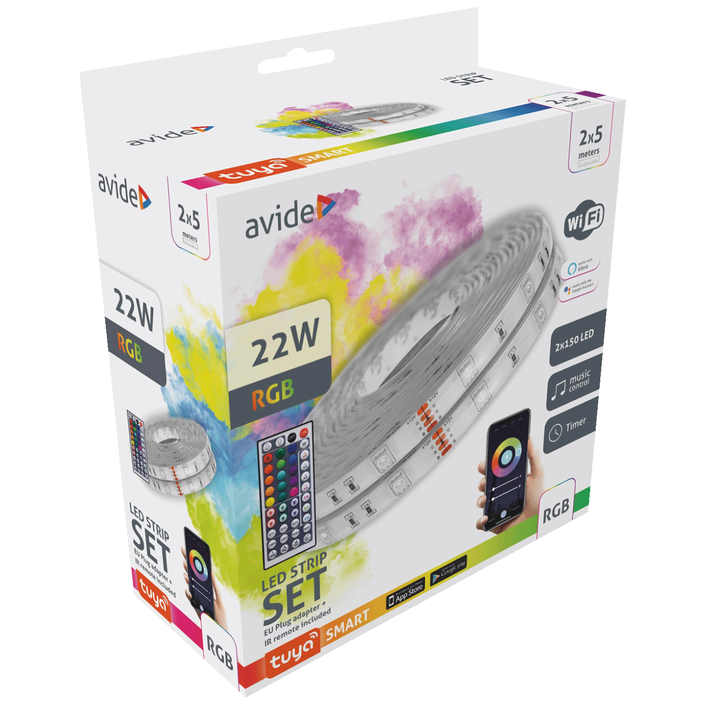Avide LED traka sa daljinskim upravljačem,RGB,22W,12V,10 met.,WiFi - ALSB5050RGBTUYA44-10M
