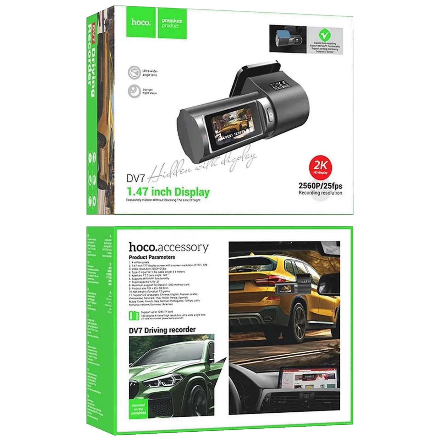 hoco. Auto kamera, 4 Mpxiel, 1.47" TFT LCD, 2K, microSD - DV7