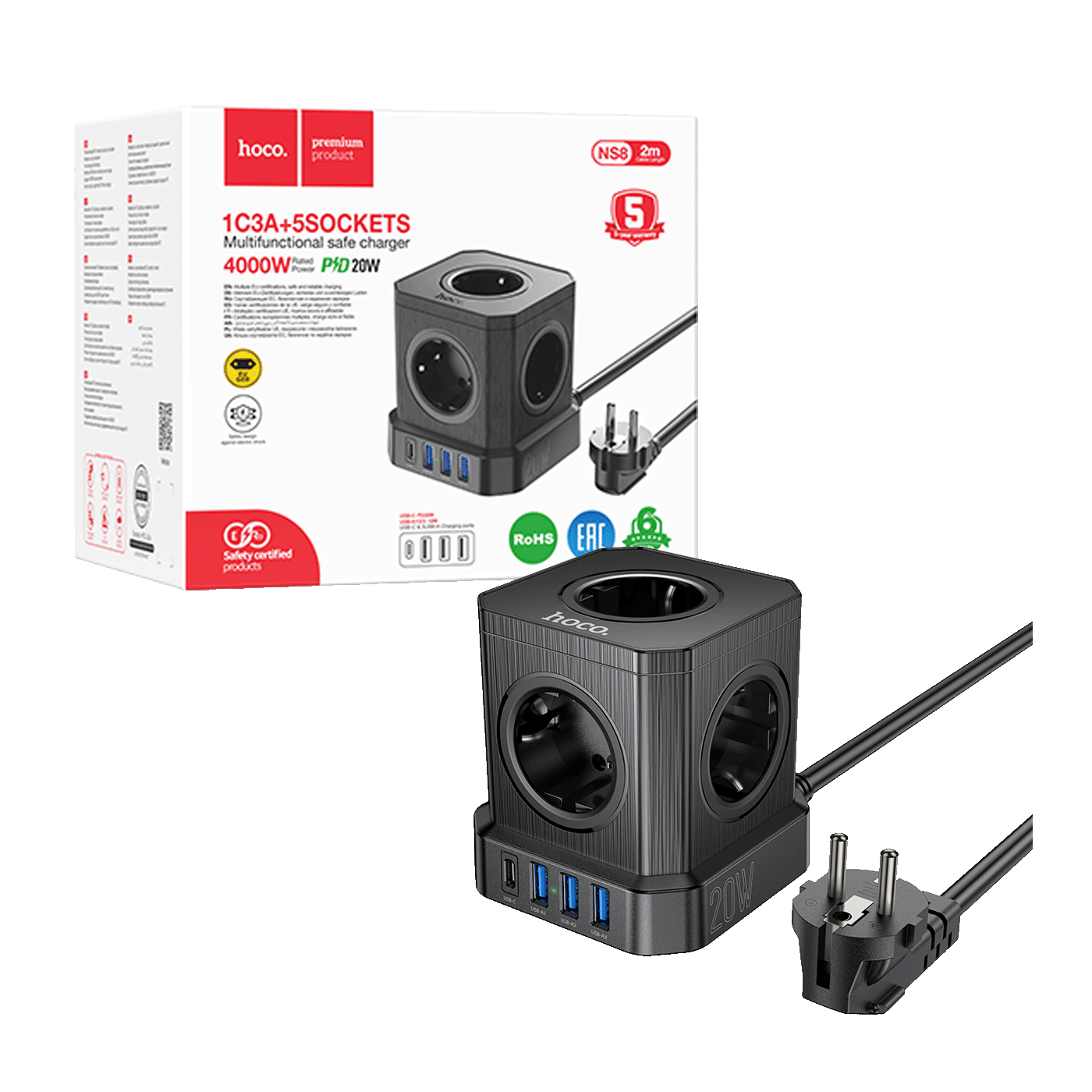 hoco. Produžni kabl, 5 utičnica, 3 x USB, 1 x USB C PD20W, 2 met. - NS8 Sharp