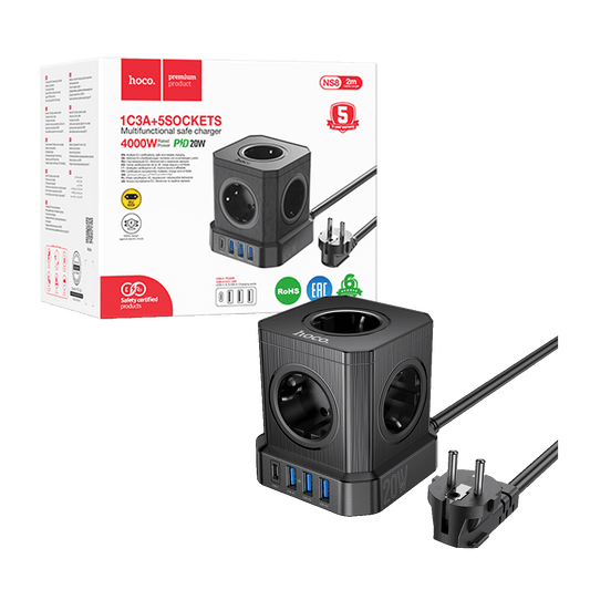 hoco. Produžni kabl, 5 utičnica, 3 x USB, 1 x USB C PD20W, 2 met. - NS8 Sharp