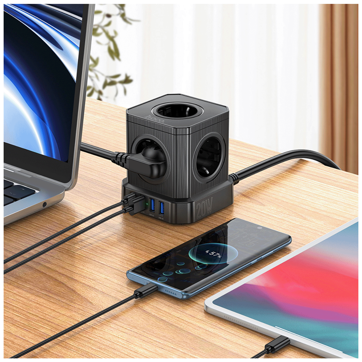 hoco. Produžni kabl, 5 utičnica, 3 x USB, 1 x USB C PD20W, 2 met. - NS8 Sharp