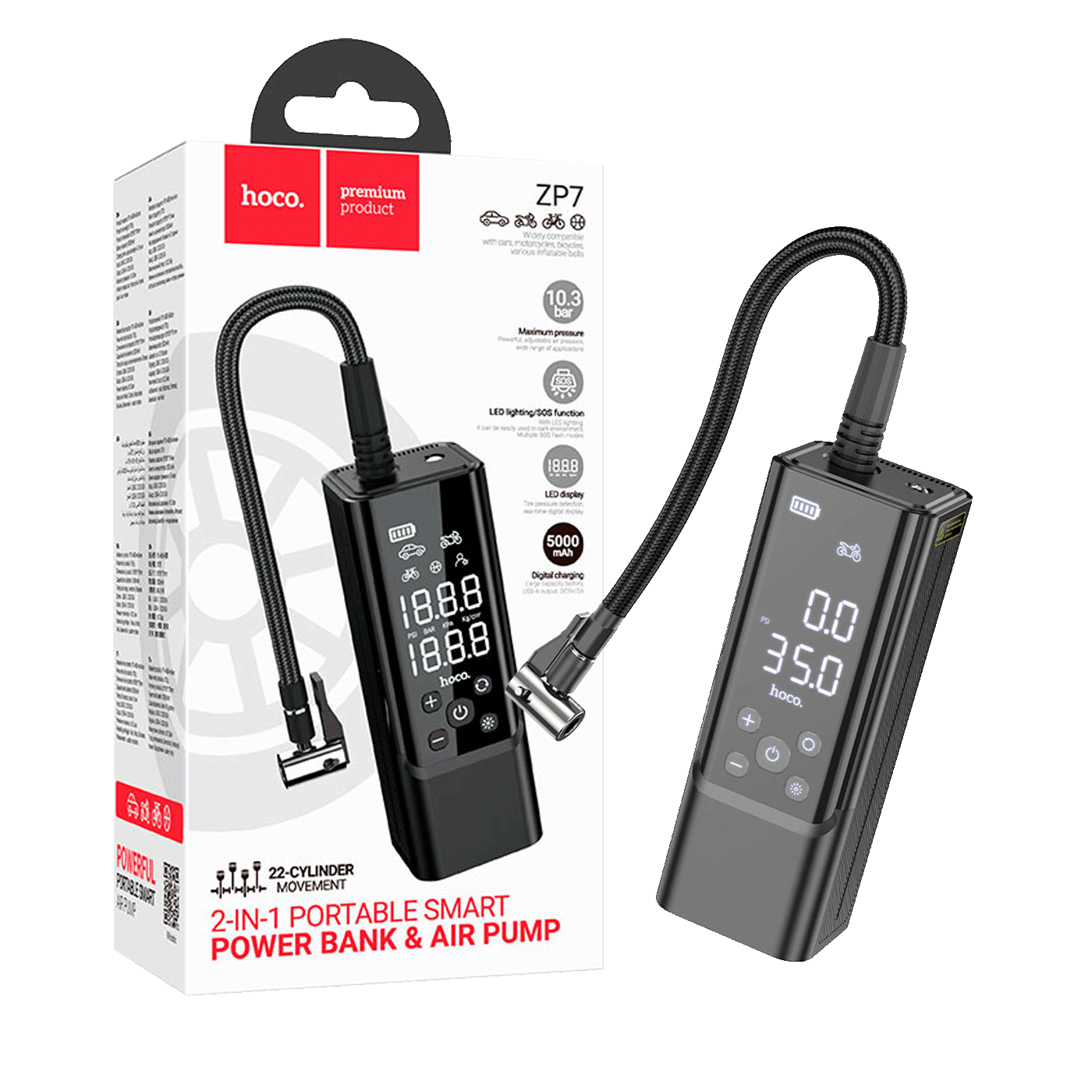 hoco. Pametni kompresor, 5000 mAh, LED zaslon, USB type C - ZP7 Maddy