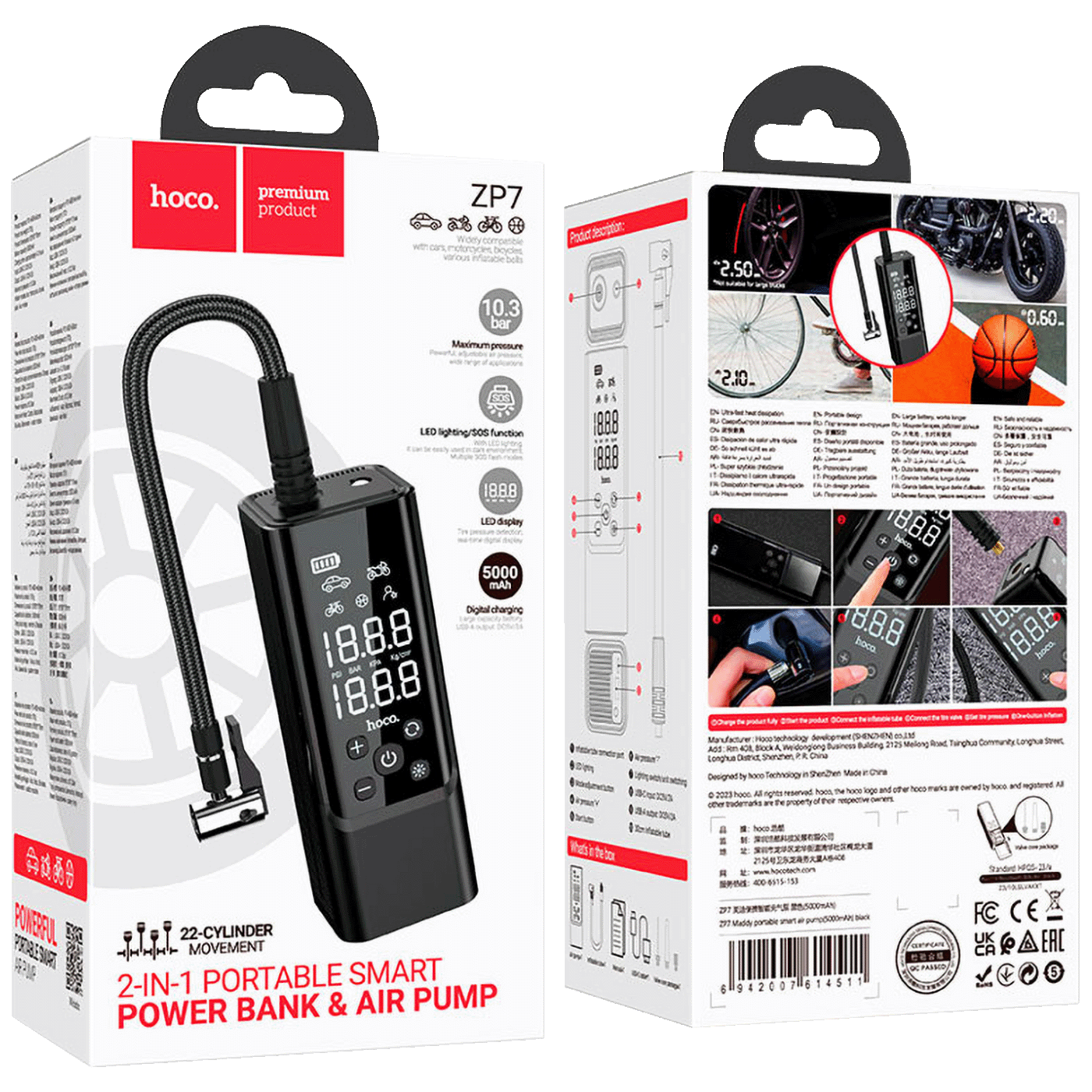 hoco. Pametni kompresor, 5000 mAh, LED zaslon, USB type C - ZP7 Maddy