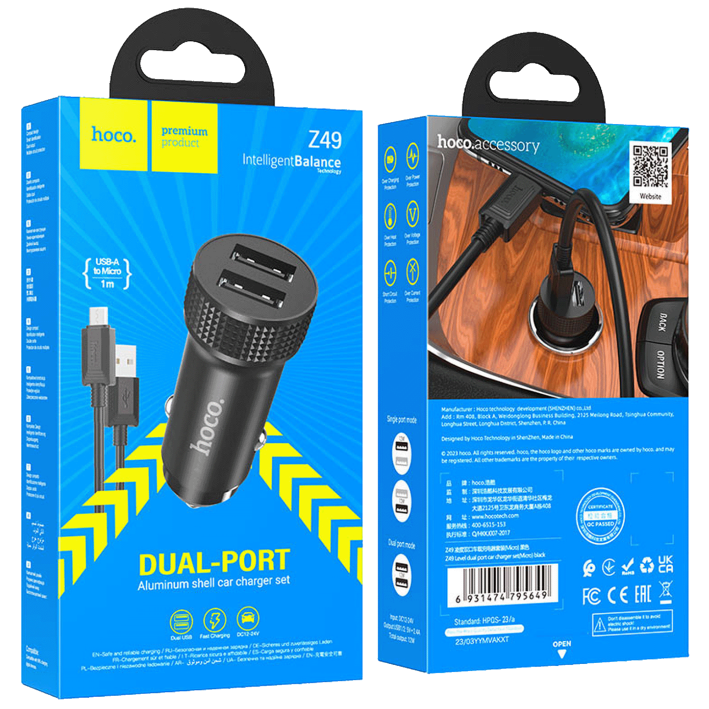 hoco. Auto punjač sa microUSB kabelom, 2 x USB, 2.4 A, 12W - Z49 Level