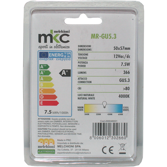 MKC Sijalica, LED 7.5W, 4000K,12V DC, prirodno bijela svjetlost - LED MR1638 GU5.3/7.5W-N