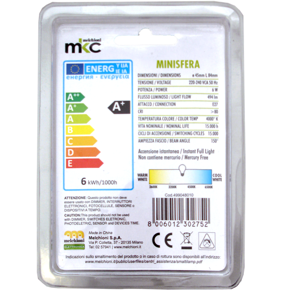 MKC Sijalica,LED 6W, E27, 4000K,220V AC,prirodno bijela svjetlos - LED MINISFERA E27/6W-N