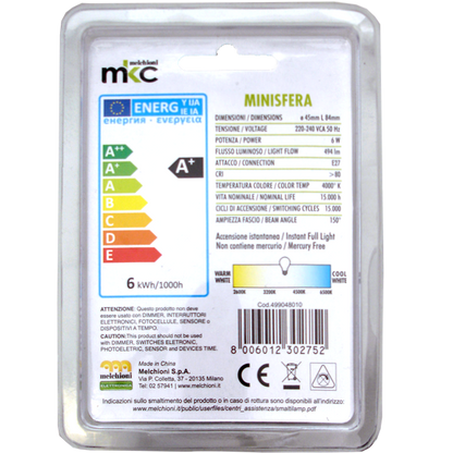 MKC Sijalica,LED 6W, E27, 4000K,220V AC,prirodno bijela svjetlos - LED MINISFERA E27/6W-N
