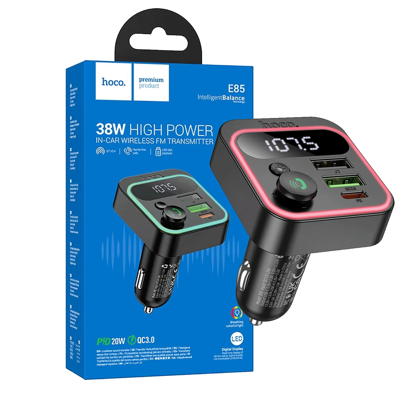 hoco. FM modulator, Bluetooth, 12/24V, 2 x USB, PD QC3.0 20W - E85 Tiger