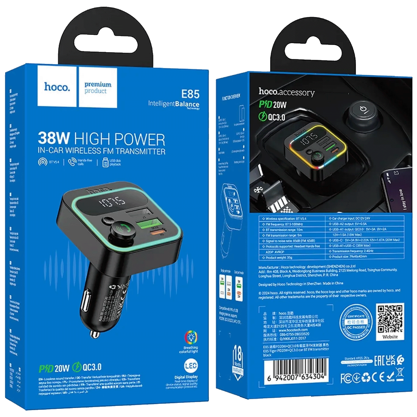 hoco. FM modulator, Bluetooth, 12/24V, 2 x USB, PD QC3.0 20W - E85 Tiger