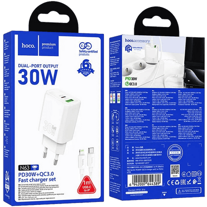 hoco. Punjač kućni sa type C - Lightning kabelom, PD30W, QC3.0 - N63 Gentle type C-Lightning