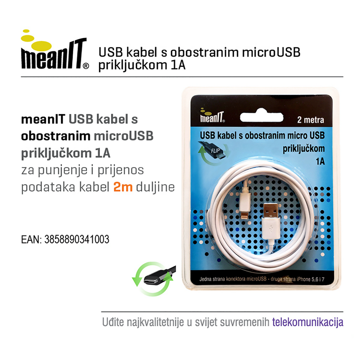 MeanIT USB A na USB micro kabl, FLIP, dužina 2.0 metra - USB / micro USB - 2m