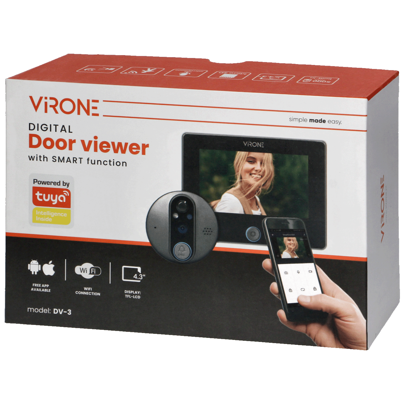 Virone Digitalna špijunka za ulazna vrata, Smart, 4.3", LCD, WiFi - DV-3