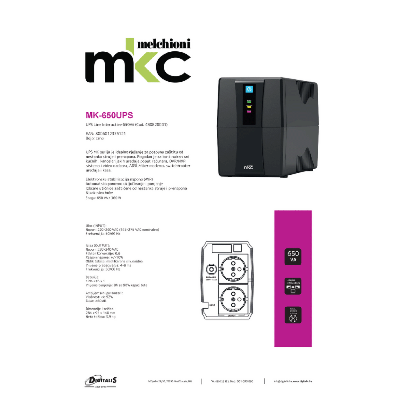 MKC UPS/ Izvor neprekidnog napajanja, 650VA, 360W - MK-650UPS