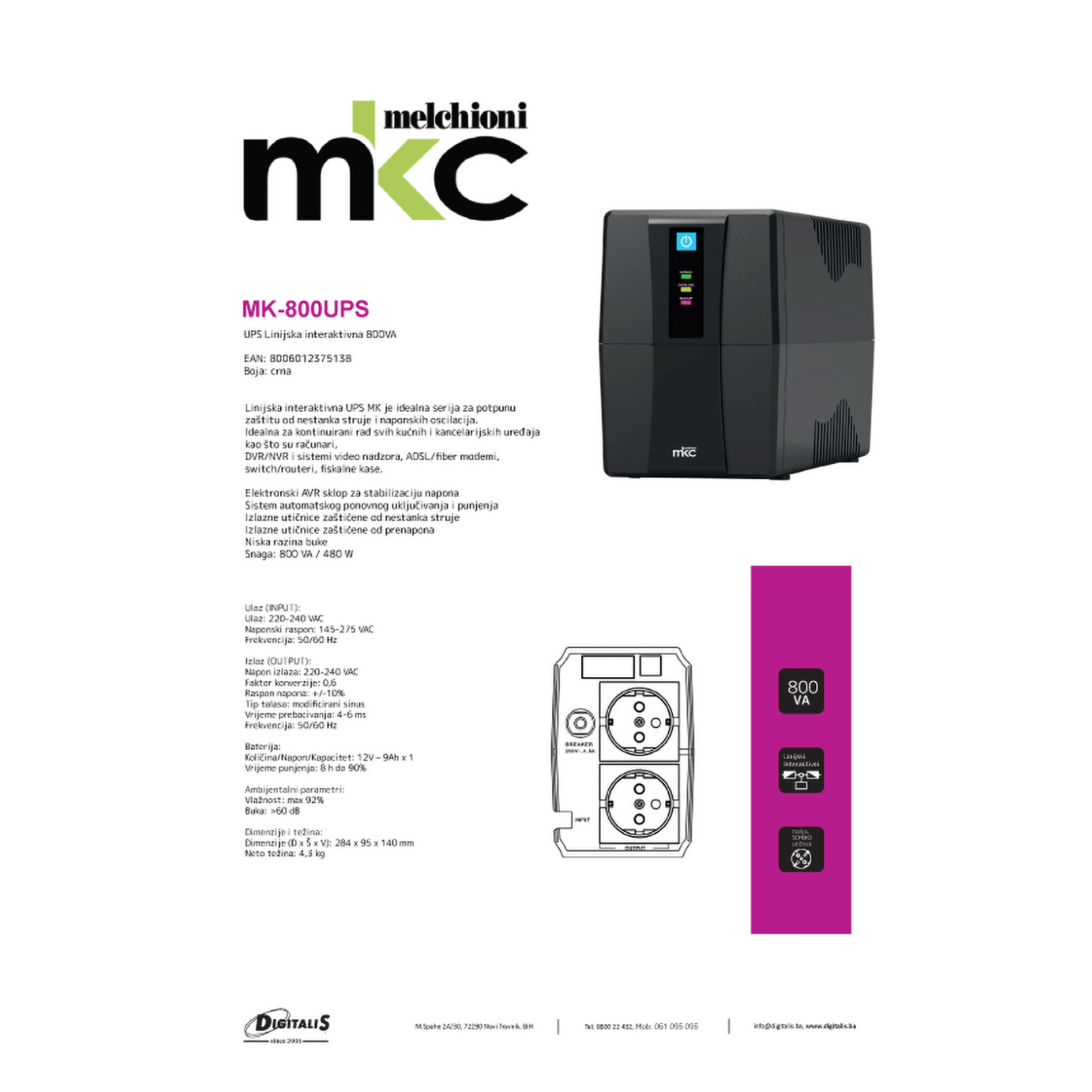 MKC UPS/ Izvor neprekidnog napajanja, 800VA, 480W - MK-800UPS