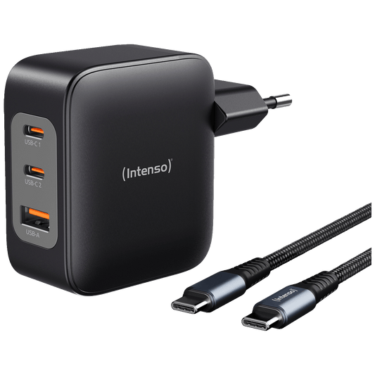 (Intenso) Punjač kučni sa type C kabelom, brzi, 1xUSB-A, 2xUCB-C, 100W - Adapter W100ACC GaN + C520C Cable