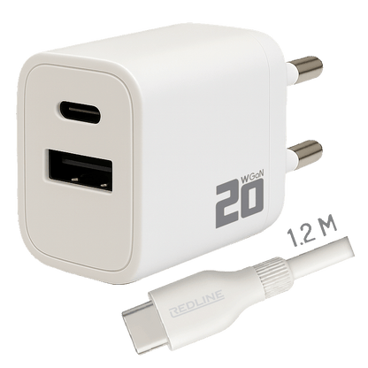 REDLINE Punjač sa USB-C kablom, 1 x USB-A, 1 x USB-C, brzi, 20W - PQ210AC+CC1.2M