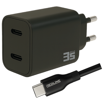 REDLINE Punjač sa USB-C kablom,  2 x USB-C, brzi, 35W, GaN - PQ351CC+CC1.2M60W