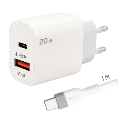 REDLINE Punjač sa USB-C kablom,  1 x USB-A, 1 x USB-C, 20W - GL20AC+CC-1M