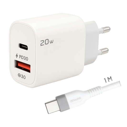REDLINE Punjač sa USB-C kablom,  1 x USB-A, 1 x USB-C, 20W - GL20AC+CC-1M