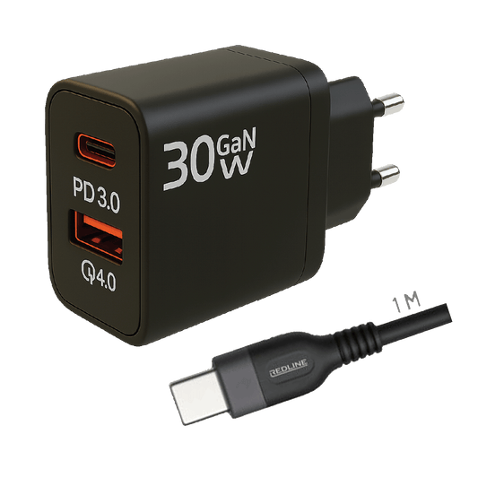 REDLINE Punjač sa USB-C kablom,  1 x USB-A, 1 x USB-C, 30W - GL30AC+CC-1M