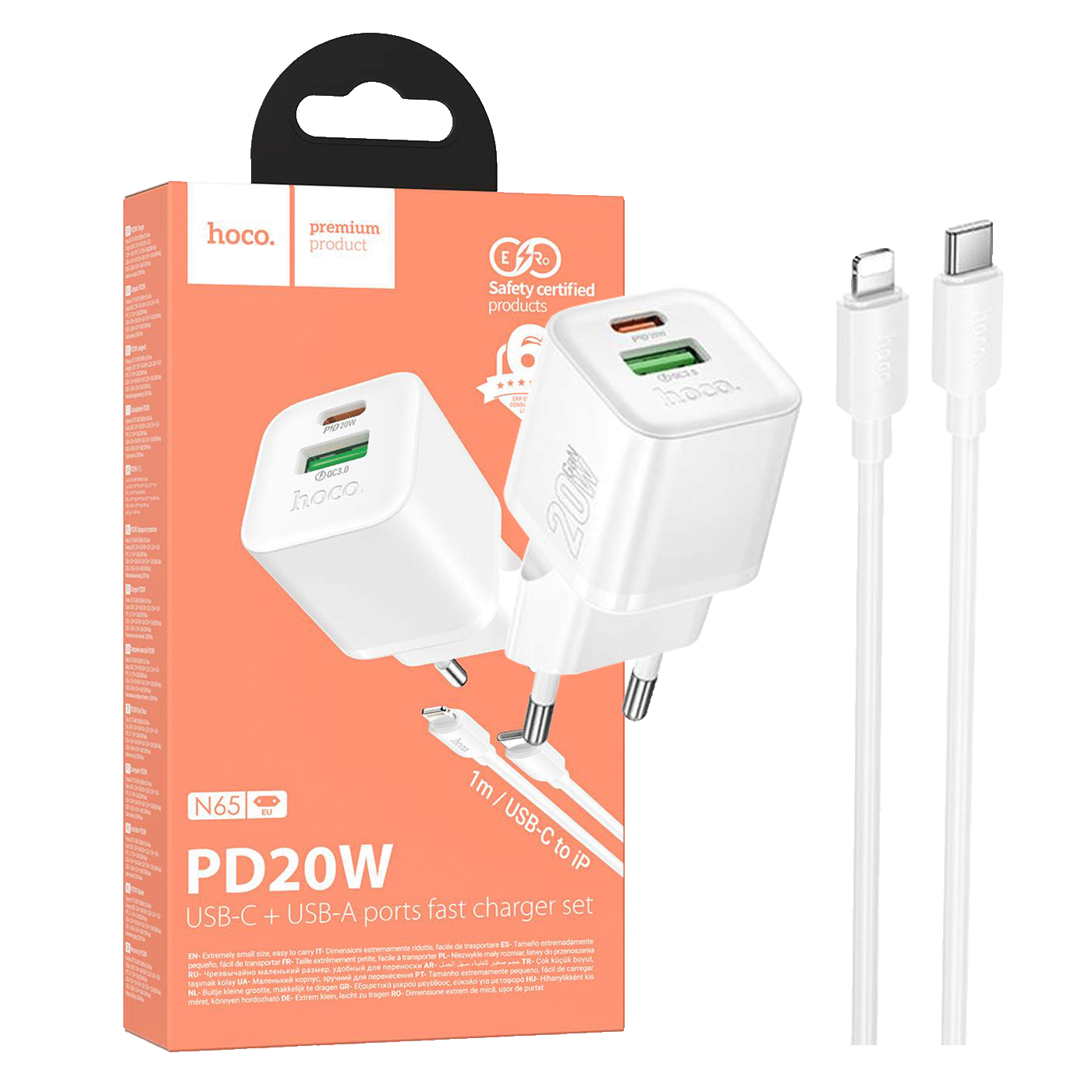 hoco. Punjač kućni sa type C - Lightning kabelom, PD20W + QC3.0 - N65 Ingenious type C-Lightning