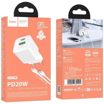 hoco. Punjač kućni sa type C - Lightning kabelom, PD20W + QC3.0 - N65 Ingenious type C-Lightning