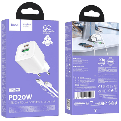 hoco. Punjač kućni sa type C kabelom, PD20W + QC3.0 - N65 Ingenious type C